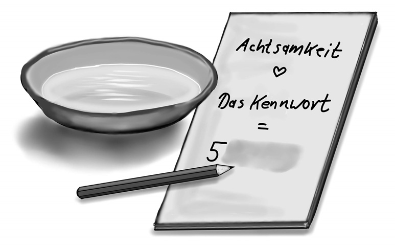 Zeichnung Wasserschale, Notizblock und Stift